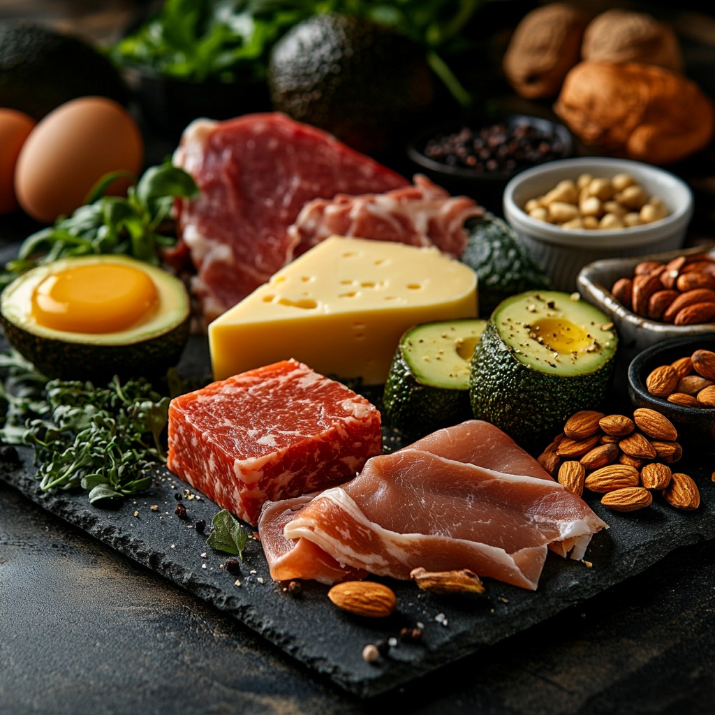 keto-friendly foods including meats, cheeses, eggs, and nuts