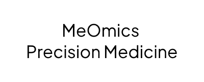 "MeOmics Precision Medicine" in black text on white rectangle
