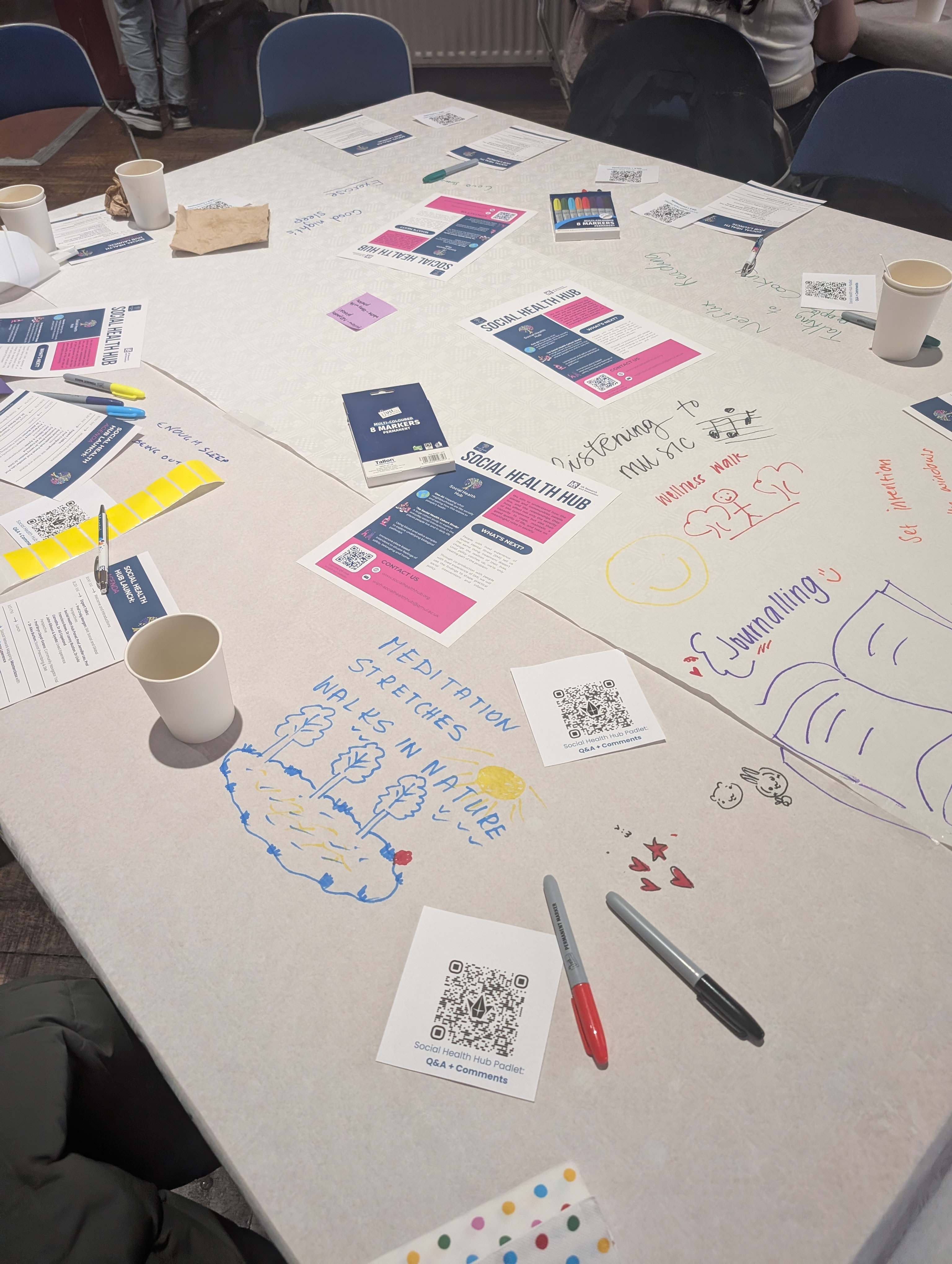 Social Health Hub Launch room table with writing on it